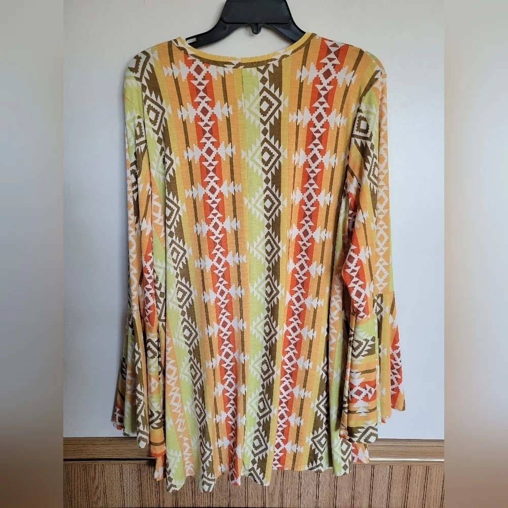 L&B Women's Southwestern Bell Sleeve Front Knot Flowy Blouse - Picture 6 of 7